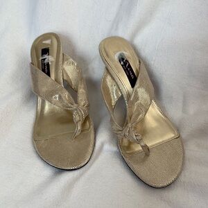 Nina Gold Mules with Satin Finish and Textured Straps Wall 11